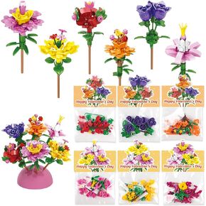 Valentines Day Gifts for Kids - 24 Pack Prefilled Valentine's Day Cards with Flower Building Blocks Crafts for School Classroom Class Party Favor, Valentines Gifts Bulk Exchange for Boys Girls Teens