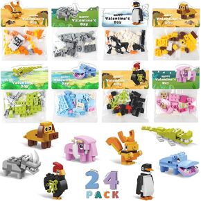 Valentines Day Gifts for Kids - 24 Pack Prefilled Valentine's Day Cards with Flower Building Blocks Crafts for School Classroom Class Party Favor, Valentines Gifts Bulk Exchange for Boys Girls Teens