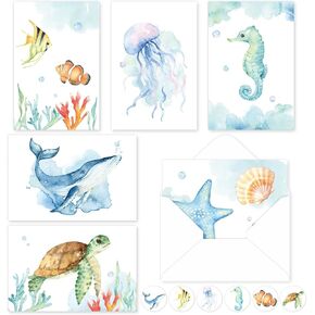 Whaline 30 Pack Watercolor Ocean Greeting Cards Turtle Whale Jellyfish Stationery Cards with Envelopes Stickers Summer Sea Blank Note Cards for Party Invitation Supplies, 4 x 6 Inch