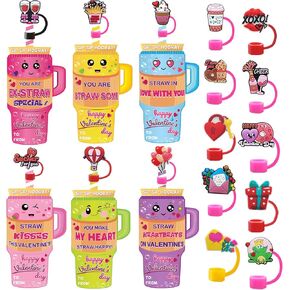JX Valentines Day Cards for Kids School Classroom,24 Pack Valentines Cards with 24 Straw Covers Cap for Stanley Cup 30&40oz with Tumblers, 10mm 0.4in Lid, Valentine Exchange Gift Party Favors