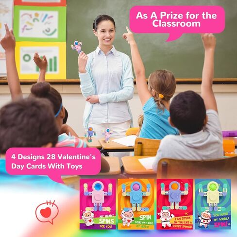 28 Pack Valentines Day Gifts for Kids, Valentines Day Cards with Astronaut-Shaped Finger Spinner POP Toys for Kids, Valentine School Classroom Exchange Prizes, Valentine Party Favor Toy Set in Saudi Arabia