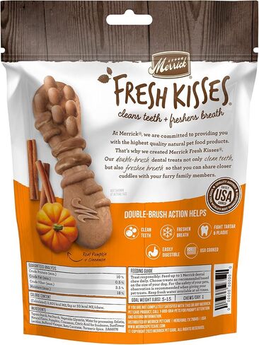 Merrick Fresh Kisses Natural Dental Chews, Treats Infused with Pumpkin and Cinnamon for Tiny Dogs 5-15 Lbs - 21 oz. Bag in Saudi Arabia