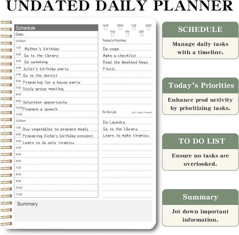 Doura Undated Daily Planner with Hourly Schedule - Simplified To Do List Notebook- Daily Schedule Planner with Spiral Binding, 9.5"*7", Black in Saudi Arabia