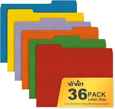 ViVin File Folders, Fits 8.5 x 11 Letter Size Paper, 1/3-Cut Tabs, 36 Pack Manilla Colored File Folders, Perfect for Home, Office, and School Documents File Paper(Multicolored) in Kuwait