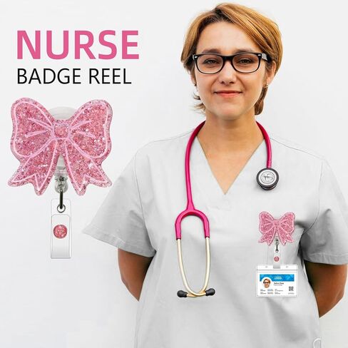 Sparkling Bow Badge Reel, with Retractable Cord and Swivel Alligator Clip, for Nurses Teachers Doctors Medical Assistants (Rose Gold) in Kuwait