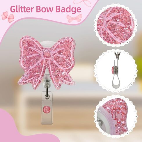 Sparkling Bow Badge Reel, with Retractable Cord and Swivel Alligator Clip, for Nurses Teachers Doctors Medical Assistants (Rose Gold) in Kuwait