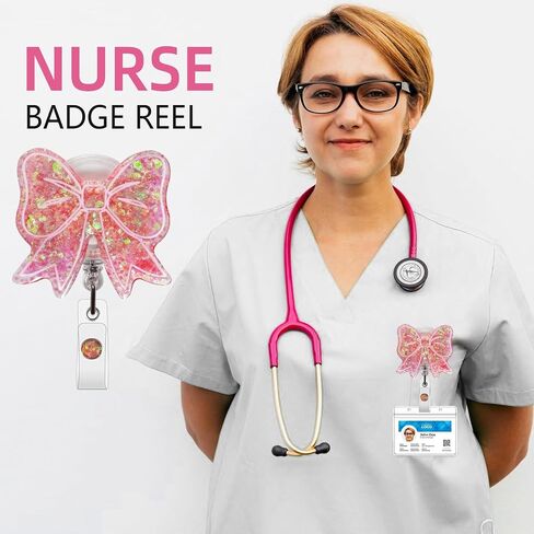 Sparkling Bow Badge Reel, with Retractable Cord and Swivel Alligator Clip, for Nurses Teachers Doctors Medical Assistants (Rose Gold) in Kuwait