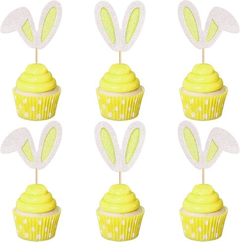 ERCADIO 24 Pack Easter Bunny Ear Cupcake Toppers ، أصفر بريق أرنب الأذنين يختارون كب كيك ، أغطية كعكة عيد الفصح لموضوع عيد ميلاد عيد ميلاد الربيع لوازم حفلة استحمام الطفل in Kuwait