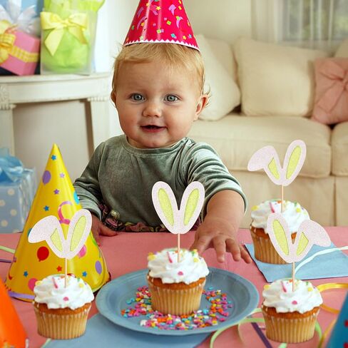 ERCADIO 24 Pack Easter Bunny Ear Cupcake Toppers ، أصفر بريق أرنب الأذنين يختارون كب كيك ، أغطية كعكة عيد الفصح لموضوع عيد ميلاد عيد ميلاد الربيع لوازم حفلة استحمام الطفل in Kuwait