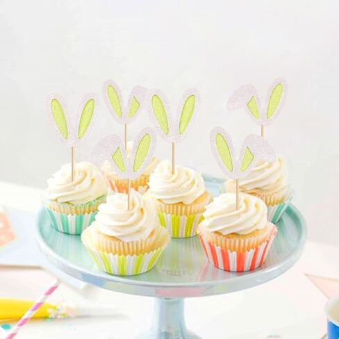 ERCADIO 24 Pack Easter Bunny Ear Cupcake Toppers ، أصفر بريق أرنب الأذنين يختارون كب كيك ، أغطية كعكة عيد الفصح لموضوع عيد ميلاد عيد ميلاد الربيع لوازم حفلة استحمام الطفل in Kuwait