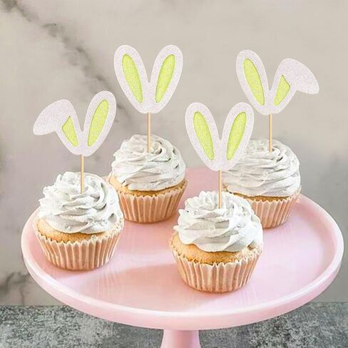 ERCADIO 24 Pack Easter Bunny Ear Cupcake Toppers ، أصفر بريق أرنب الأذنين يختارون كب كيك ، أغطية كعكة عيد الفصح لموضوع عيد ميلاد عيد ميلاد الربيع لوازم حفلة استحمام الطفل in Kuwait