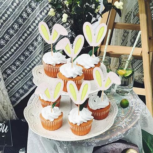 ERCADIO 24 Pack Easter Bunny Ear Cupcake Toppers ، أصفر بريق أرنب الأذنين يختارون كب كيك ، أغطية كعكة عيد الفصح لموضوع عيد ميلاد عيد ميلاد الربيع لوازم حفلة استحمام الطفل in Kuwait