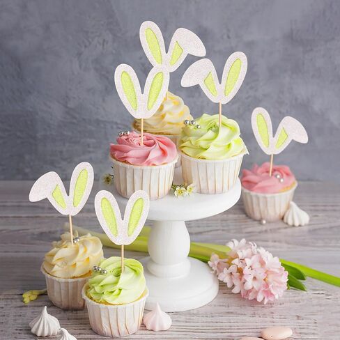 ERCADIO 24 Pack Easter Bunny Ear Cupcake Toppers ، أصفر بريق أرنب الأذنين يختارون كب كيك ، أغطية كعكة عيد الفصح لموضوع عيد ميلاد عيد ميلاد الربيع لوازم حفلة استحمام الطفل in Kuwait