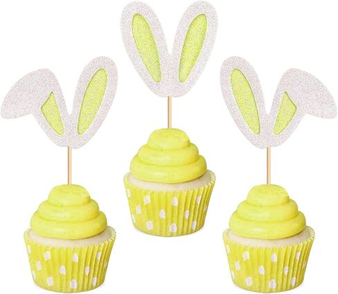 ERCADIO 24 Pack Easter Bunny Ear Cupcake Toppers ، أصفر بريق أرنب الأذنين يختارون كب كيك ، أغطية كعكة عيد الفصح لموضوع عيد ميلاد عيد ميلاد الربيع لوازم حفلة استحمام الطفل in Kuwait