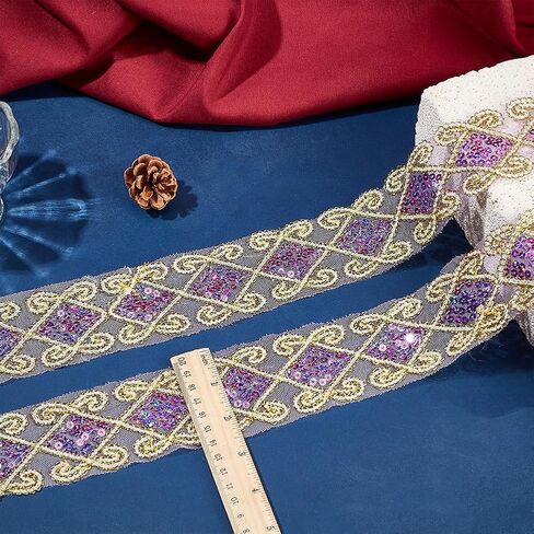 10 ياردات من الشريط الأرجواني الدانتيل الشريط مطرز حافة الدانتيل الترتر الذهب 63 ملم شريط عريض لخياطة تطريز المواد الدانتيل مواد الدانتيل DIY in Saudi Arabia