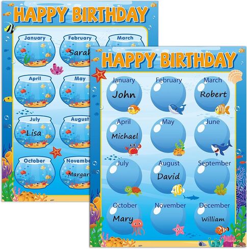 Qyeahkj 17.7 x 13.7 in Happy Birthday Chart Poster Set Under The Sea Calendar Birthday Classroom Decorations Ocean Animal Birthday Chart Bulletin Board Back to School Teaching Supplies Class Decor in Saudi Arabia