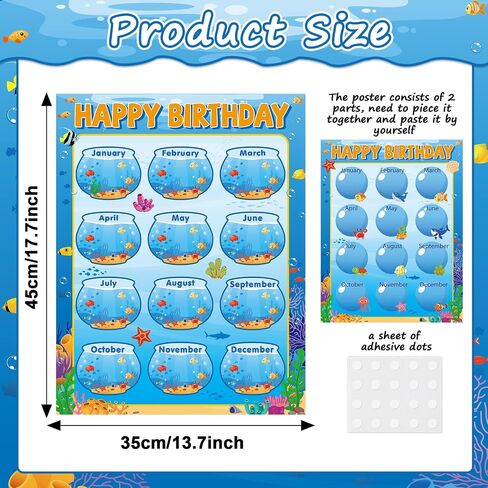 Qyeahkj 17.7 x 13.7 in Happy Birthday Chart Poster Set Under The Sea Calendar Birthday Classroom Decorations Ocean Animal Birthday Chart Bulletin Board Back to School Teaching Supplies Class Decor in Saudi Arabia