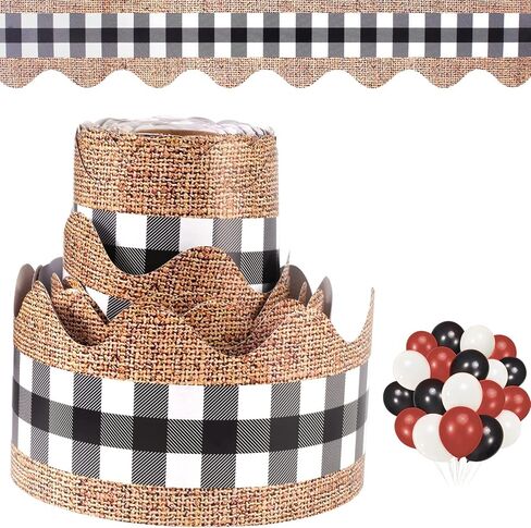 65.6 Feet Bulletin Board Borders, Christmas Buffalo Plaid & Burlap Classroom Borders for Bulletin Board, Border Trim for Christmas and Fall Classroom Decorations with 24 Pieces Balloons (Black White) in Saudi Arabia