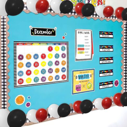 65.6 Feet Bulletin Board Borders, Christmas Buffalo Plaid & Burlap Classroom Borders for Bulletin Board, Border Trim for Christmas and Fall Classroom Decorations with 24 Pieces Balloons (Black White) in Saudi Arabia