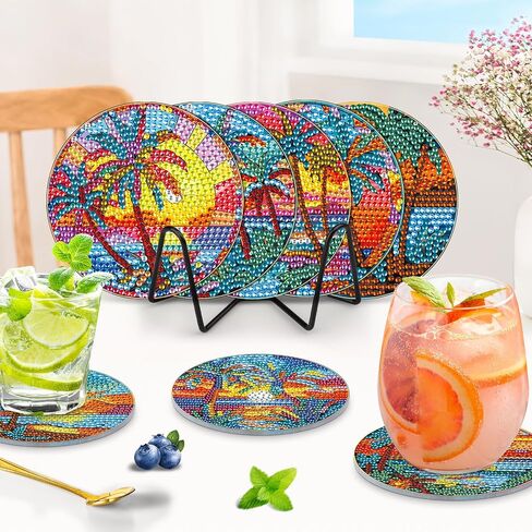 MOGTAA 8Pcs Diamond Art Coasters with Holder, 5D Lighthouse Diamond Art Coasters Kits for Adults Beginners, DIY Round Diamond Painting Coaster Landscape Painting Craft for Home Decor in Kuwait