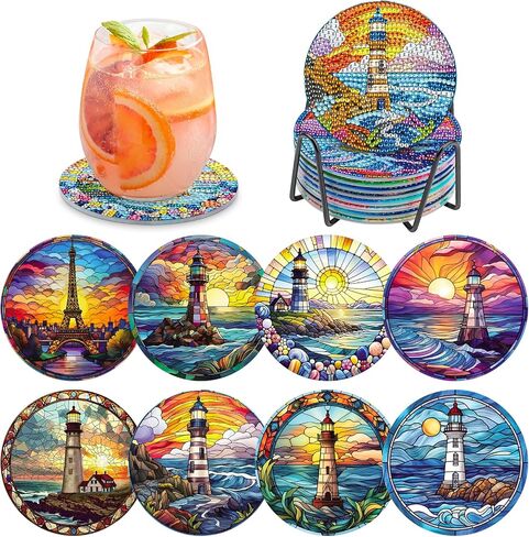 MOGTAA 8Pcs Diamond Art Coasters with Holder, 5D Lighthouse Diamond Art Coasters Kits for Adults Beginners, DIY Round Diamond Painting Coaster Landscape Painting Craft for Home Decor in Kuwait
