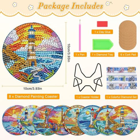 MOGTAA 8Pcs Diamond Art Coasters with Holder, 5D Lighthouse Diamond Art Coasters Kits for Adults Beginners, DIY Round Diamond Painting Coaster Landscape Painting Craft for Home Decor in Kuwait