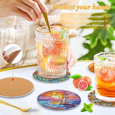 MOGTAA 8Pcs Diamond Art Coasters with Holder, 5D Lighthouse Diamond Art Coasters Kits for Adults Beginners, DIY Round Diamond Painting Coaster Landscape Painting Craft for Home Decor in Kuwait