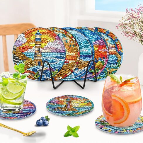 MOGTAA 8Pcs Diamond Art Coasters with Holder, 5D Lighthouse Diamond Art Coasters Kits for Adults Beginners, DIY Round Diamond Painting Coaster Landscape Painting Craft for Home Decor in Kuwait