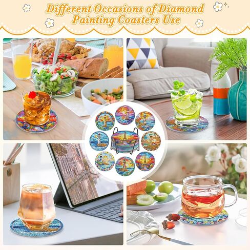 MOGTAA 8Pcs Diamond Art Coasters with Holder, 5D Lighthouse Diamond Art Coasters Kits for Adults Beginners, DIY Round Diamond Painting Coaster Landscape Painting Craft for Home Decor in Kuwait