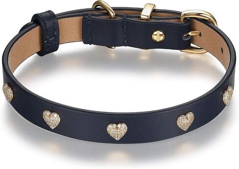 Scamper & Co Genuine Leather with Microfiber Bejeweled Heart Stud Dog Collar in Navy Blue, 13" in Kuwait