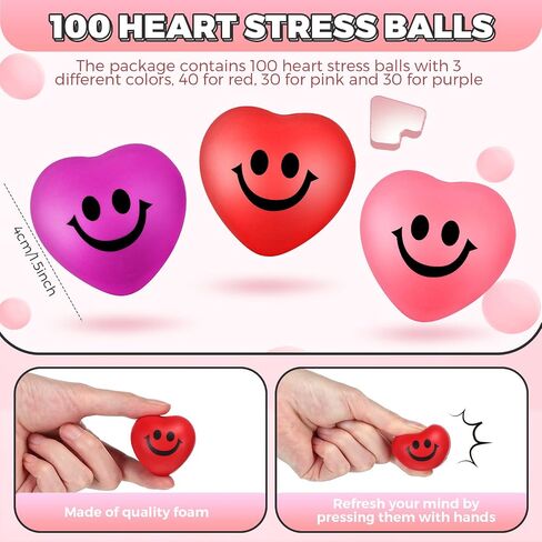 Jerify 100 Pcs Valentines Day Heart Stress Balls 1.5 Inch Small Heart Shape Stress Balls Mini Relief Balls Party Favors Valentines Day Gifts for Little Teens(Cute Style)(Cute Style) in Saudi Arabia
