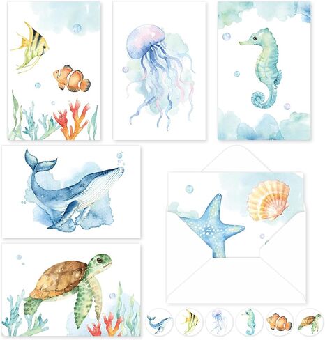 Whaline 30 Pack Watercolor Ocean Cards Turtle Whale Whale Stationery بطاقات القرطاسية مع الأظرف ملصقات Summer Sea Sea Note Note For Party Party Forms ، 4 × 6 بوصة in Kuwait