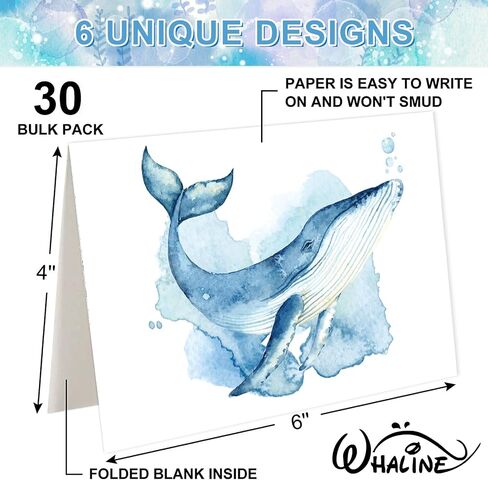 Whaline 30 Pack Watercolor Ocean Cards Turtle Whale Whale Stationery بطاقات القرطاسية مع الأظرف ملصقات Summer Sea Sea Note Note For Party Party Forms ، 4 × 6 بوصة in Kuwait