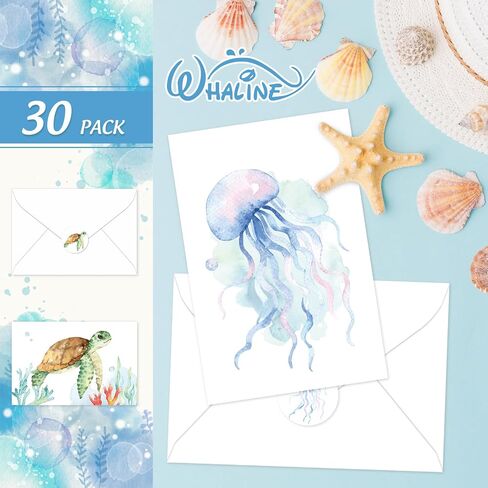 Whaline 30 Pack Watercolor Ocean Cards Turtle Whale Whale Stationery بطاقات القرطاسية مع الأظرف ملصقات Summer Sea Sea Note Note For Party Party Forms ، 4 × 6 بوصة in Kuwait