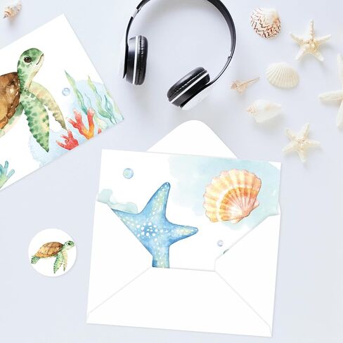 Whaline 30 Pack Watercolor Ocean Cards Turtle Whale Whale Stationery بطاقات القرطاسية مع الأظرف ملصقات Summer Sea Sea Note Note For Party Party Forms ، 4 × 6 بوصة in Kuwait