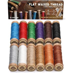 0.8mm 12 Colors Flat Waxed Thread for Leather Sewing, 660 Yards Leather Sewing Thread, 150D Waxed Cord for Stitching Repairing Bookbinding Canvas Sofa Furniture, Each of 55 Yards