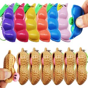 12 Pack Squeeze Bean Keychain Fidget Toys, Keychain Stress Relief Toy, Pea Pod Sensory Fidget Toys, Pea Soybean Toys for Goodie Bag Basket Stuffers Classroom Prizes Party Favors Kids Adults