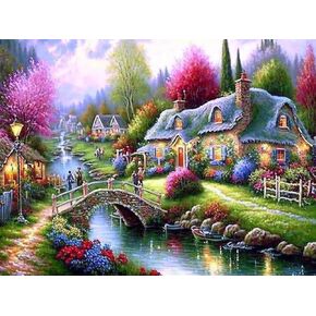 Ginfonr DIY 5D Diamond Art Kits for Adults, River Cottage Diamond Painting for Adults, Diamond Art Scenery Full Drill, Diamond Art Kits Embroidery Rhinestone Craft for Home Wall Decor 12 * 16 Inch