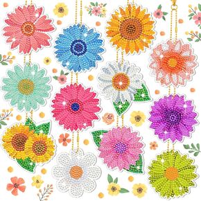 Bucherry 12 Pcs Sunflower Diamond Painting Keychains 5d Diamond Painting Key Chain Spring Diamond Painting Kits Pendant Spring Summer Flowers Hanging Ornaments for DIY Crafts(Rustic Style)