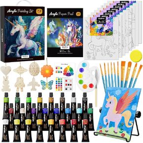 Nicpro 34PCS Kids Painting Set with Pattern Canvas, Art Painting Supplies Kit with 12 Acrylic Paints,10 Brushes,6 Canvas Panels,Table Easel,Paper Pad,Color Wheel,Palette for Beginner Student Toddlers