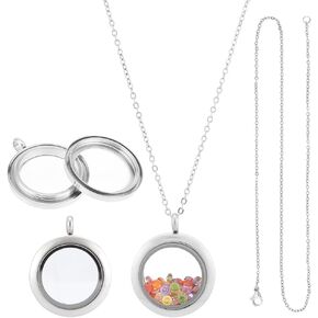 UNICRAFTALE Stainless Steel Memory Locket Charm Flat Round DIY Picture Photo Necklace Making Kit Chain Necklace with Crystal Double Sided Frame Glass Container Floating Charms for Lockets