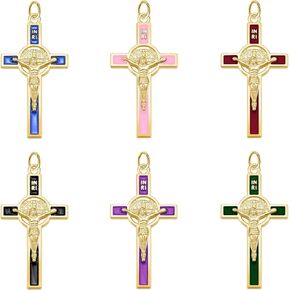 30Pieces 6Colors Rosary Center Saint Benedict Cross Charm Metal Enamel Religion INRI Crucifix Pendant for DIY Necklace Bracelets Key Chain Catholic Jewelry Making Supplies