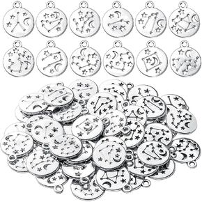 Round Zodiac Sign Charms,Twelve Constellations Charms Alloy Zodiac Charm Pendants Double Sided Charms Beads for Jewelry DIY Earrings Bracelets Crafts Making