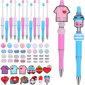 12 Pcs Saint Patrick's Day Beadable Pens Bulk Plastic Bead Pens with 20 Styles Accessories Silicone Beads and Acrylic Beads, Spacer Beads and more for DIY Four Leaf Clover Gift Making Kit