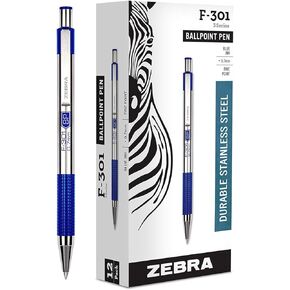 Zebra F-301 Ballpoint Stainless Steel Retractable Pen, Fine Point, 0.7mm, Blue Ink, 1-Count (12)