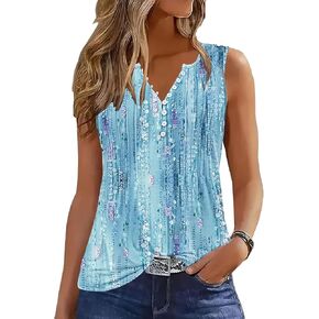 Tank Tops for Women 2024 Summer Tops Pleated Shirts Dressy Casual Loose Fit V-Neck Button Down Sleeveless T Shirts Blouse