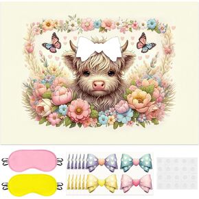 Pin The Bow On The Highland Cow Party Game Poster with 24 Pcs Stickers Blindfolds Cartoon Floral Cattle Farm Animal Themed Party Activity Decorations Supplies for Baby Shower Birthday
