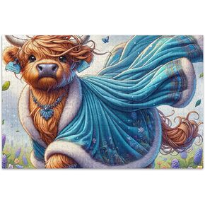 Highland Cow Floral Calf Jigsaw Puzzle for Adults 500 Pieces Animal Painting Art Nature Puzzle White Elephant, 20.5x14.9 Inch