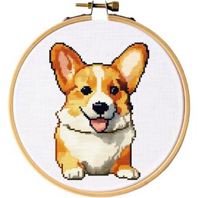 Generic Cartoon Simple Corgi Dog DIY 11CT Stamped Cross Stitch Kits Easy for Beginners Children with Hoop Needlepoint Counted Embroidery Kits Art Craft Wall Decoration 12x12inch(1)