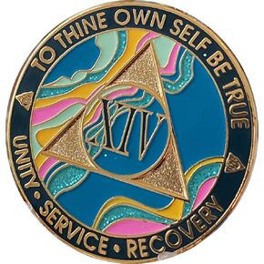 14 Year AA Medallion Elegant Marble Tahiti Teal Blue and Pink Gold Plated Chip